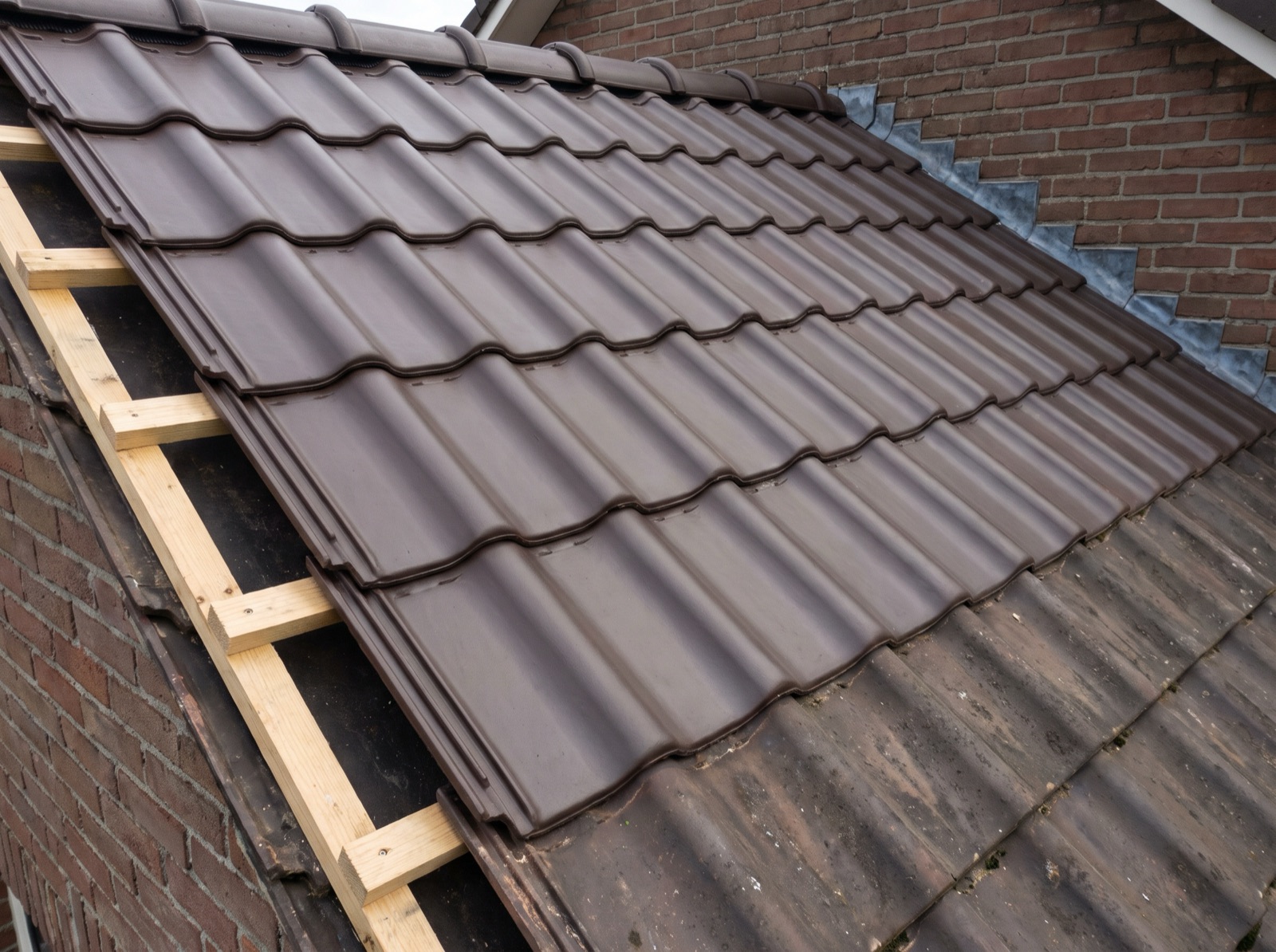 Nieuwe dakpannen op verse panlatten, naast het oude dakvlak, door Trizo in Goirle