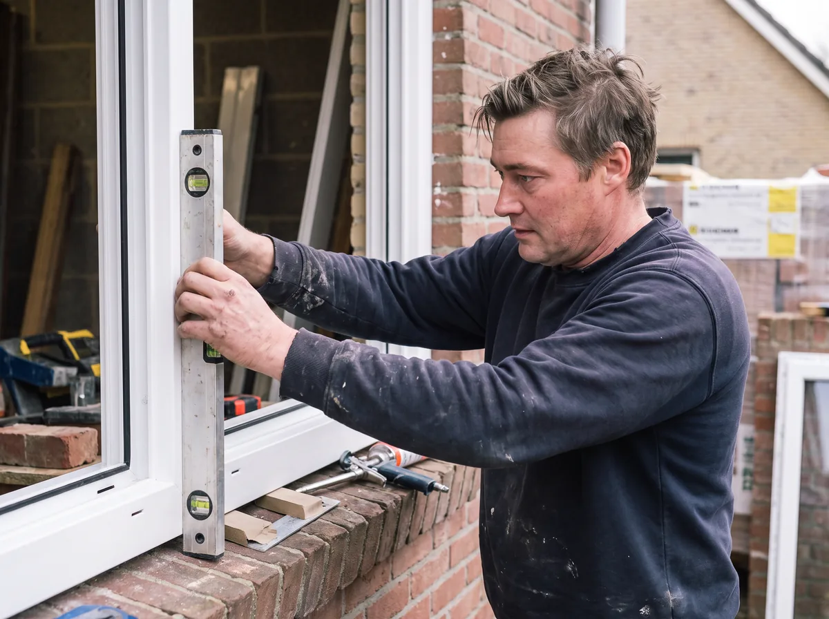 Sunny van Trizo stelt een kunststof kozijn waterpas in een gevelopening