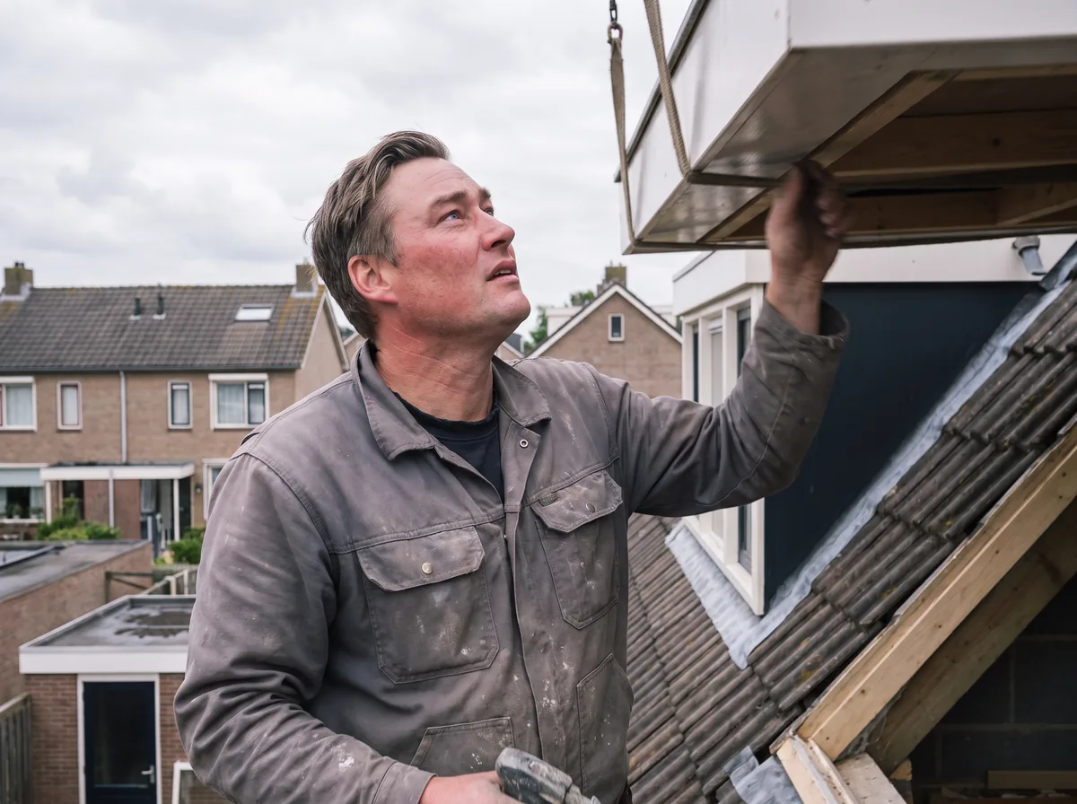 Sunny van Trizo begeleidt een prefab dakkapel die met de kraan wordt geplaatst