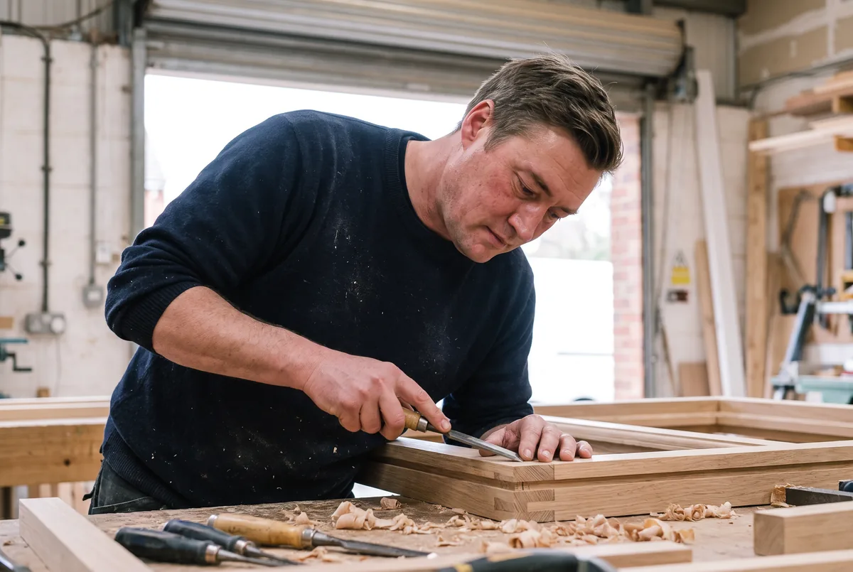 Sunny van Trizo controleert een houten kozijn in de werkplaats